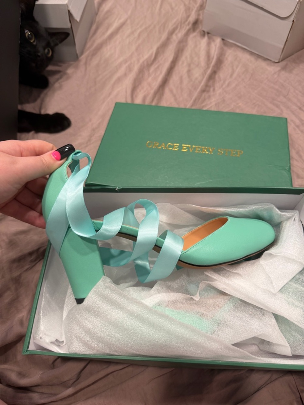 Mint Green Ribbon Block Heel Pumps